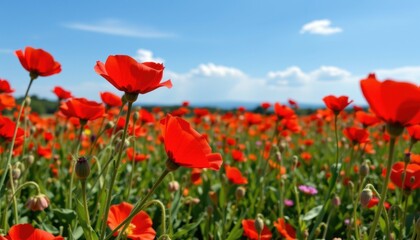 Fototapeta premium Vibrant poppy flower field blooms rural landscape photography daylight close-up nature's beauty