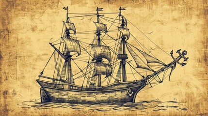 Hand-drawn vintage nautical illustration of a ship and anchor, sepia tone. stock photo --ar 16:9 --raw --v 6 Job ID: 90b97236-95e2-408e-a138-011c12f1c20a