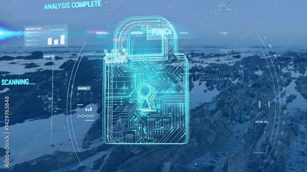 Poster digital padlock hovering over rocky shore, showing neon circuits, data panels and scanning charts