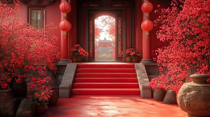 chinese illustration stairs in asian new year or spring entry realistic greeting poster red lanterns curtains traditional festive china lunar calendar