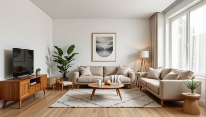 Fototapeta premium Modern living room design home interior furniture setup cozy environment bright viewpoint aesthetic concept