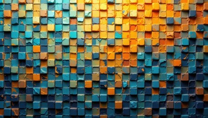 Vibrant colorful mosaic artwork modern art gallery digital art indoor space eye-level perspective abstract design