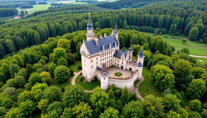 Majestic castle surrounded by lush forests aerial view nature landscape serene environment