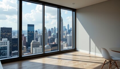 Fototapeta premium Modern urban living space with city skyline view high-rise apartment contemporary design bright environment