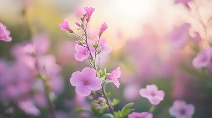 Fototapeta premium Soft Pink Flowers Blooming at Sunset, Delicate Petals, Nature Photography