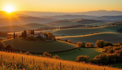 Obraz premium Sunrise over rolling hills tuscany landscape photography serene environment wide-angle view nature's beauty
