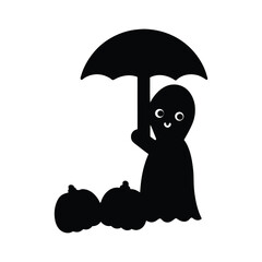 Ghost Holding Umbrella Under Raining Pumpkins Silhouette