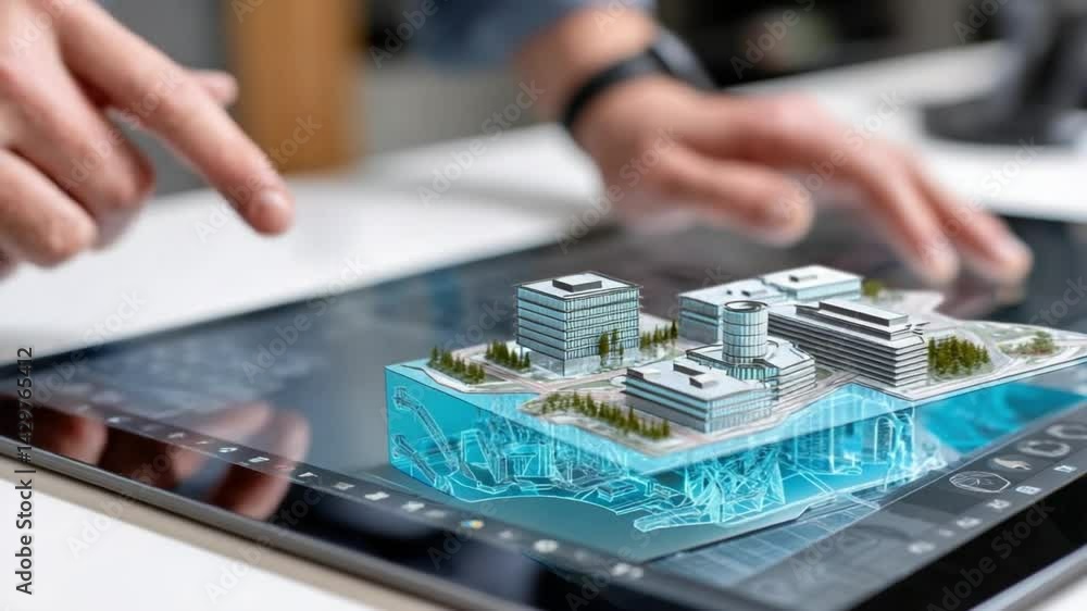 Poster technological design: a close-up view of a hand interacting with a digital interface, showcasing a 3