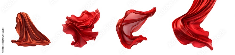 Poster set of abstract red flowing fabric isolated on transparent background