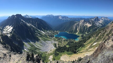 Fototapeta premium Mountain lake view, forest valley; snow capped peaks and clear sky. Travel ad