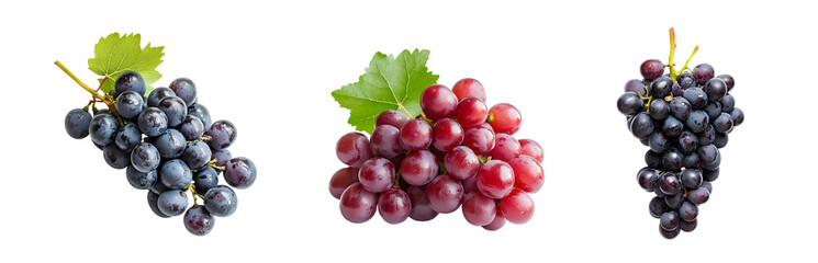 Fototapeta premium Set of bunches of red and dark purple grapes with leaves, isolated on transparent background