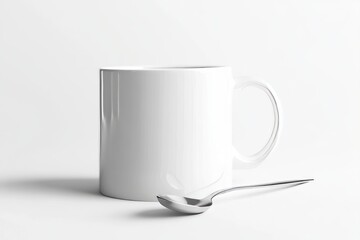 Obraz premium A blank white mug with a spoon resting on the handle, soft natural shadows, realistic ceramic finish