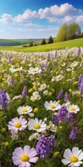Obraz premium Spring landscape panorama with flowering flowers on meadow. white chamomile and purple bluebells blossom on field