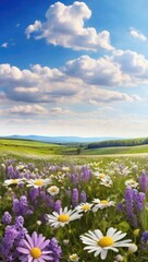 Fototapeta premium Spring landscape panorama with flowering flowers on meadow. white chamomile and purple bluebells blossom on field