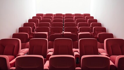 Movie theater with red seats and mock up screen