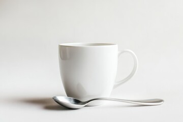 A blank white mug with a spoon resting on the handle, soft natural shadows, realistic ceramic finish