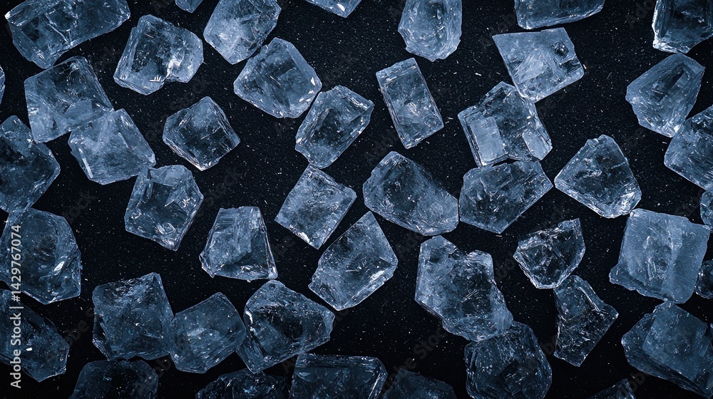 Poster a close-up view of clear ice cubes scattered on a dark surface, showcasing their crystalline structu