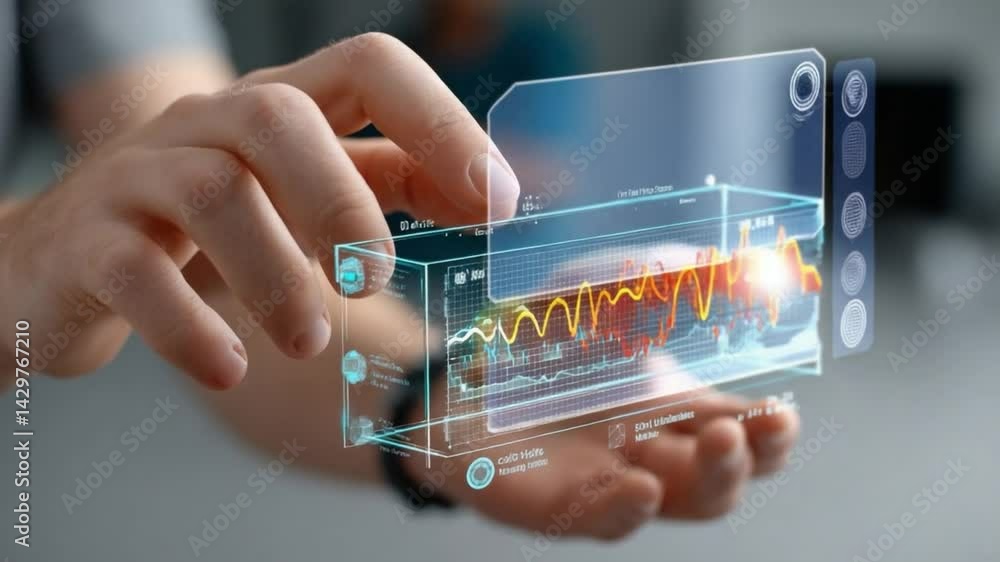 Poster futuristic hand display: a person's hand interacts with a holographic interface, displaying data vis