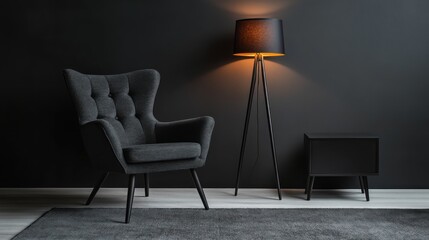 Dark, moody living room interior with comfortable armchair.