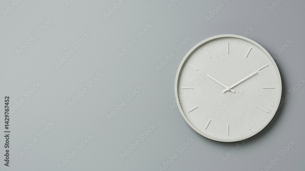 Poster a minimalist wall clock in soft tones hangs against a gray backdrop, showcasing a simple design and 