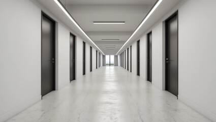 Long corridor with closed black doors