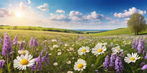 Obraz premium Spring landscape panorama with flowering flowers on meadow. white chamomile and purple bluebells blossom on field