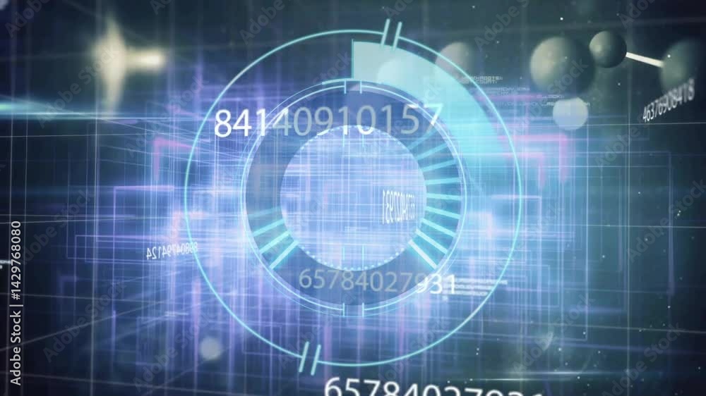 Poster central circular hud spinning over semi-transparent grid lines, showing numeric overlays in 3d