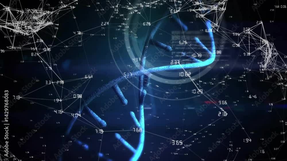 Poster blue helical strand spiralling in digital 3d render, with floating numeric nodes and ring overlays