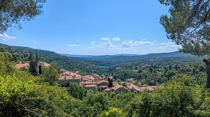 Fototapeta premium Village view with trees framing a valley under a sunny sky. For travel posters