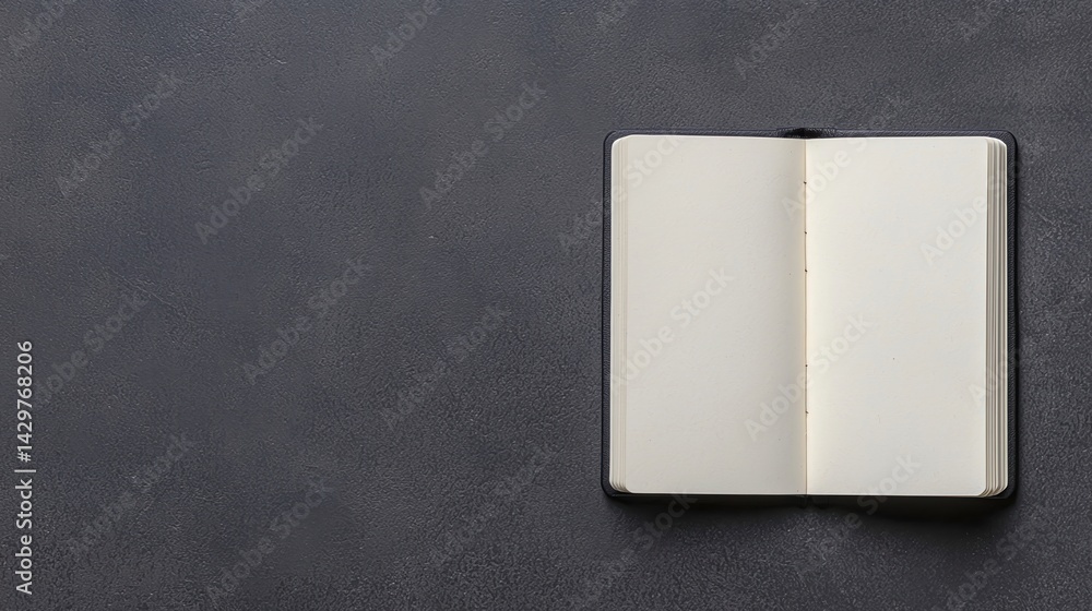 Poster an open blank notebook resting on a dark surface, inviting creativity and thoughts.