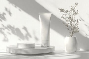 A blank white skincare tube mockup with a flip-top cap, slightly tilted, high-end product rendering, seamless white background.