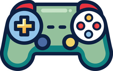 "Game controller icon with buttons and joysticks, line style vector illustration on transparent background."