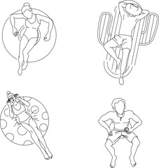 silhouette design vector illustration sketch of a person doing relaxing activities sitting on a float above a swimming pool