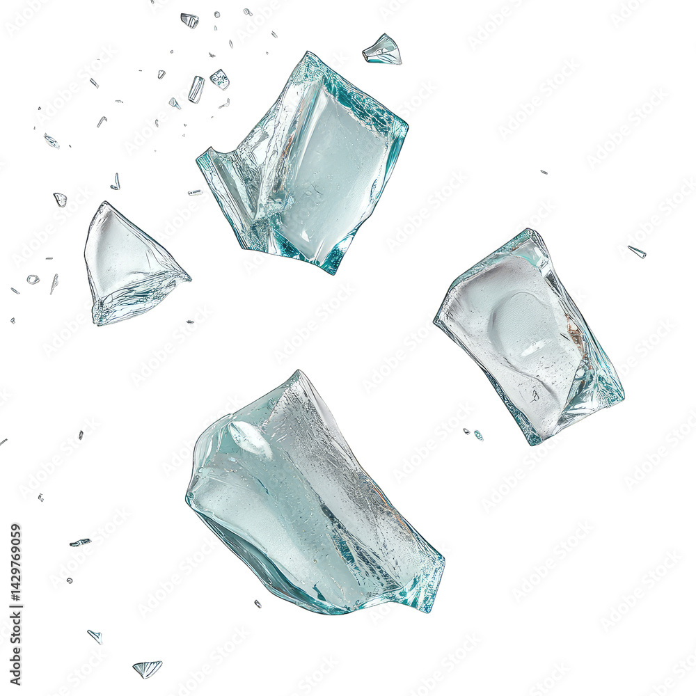 Poster several pieces of broken glass scattered on a white surface showcasing sharp edges and varying shape