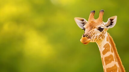 Obraz premium A close-up of a giraffe against a blurred green background, showcasing its distinctive spots and expressive eyes.