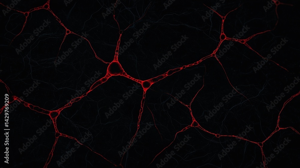 Poster a dark, abstract image featuring intricate red neural-like connections against a black background.