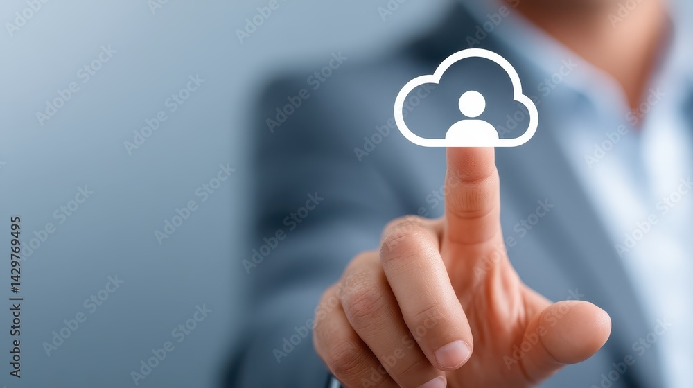 Poster person pointing to cloud icon, a visual representation of cloud computing and data storage solutions
