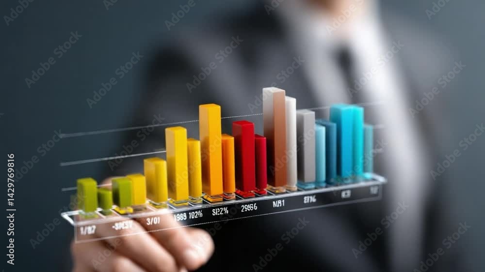 Poster data visualization in the digital age: a modern professional delicately interacts with a vibrant, ho