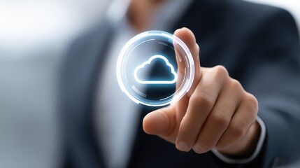 Businessman in suit holding cloud icon, symbolizing cloud computing and data storage solutions