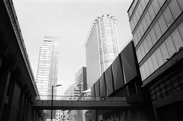Modern architecture in london captured on analog film with grain