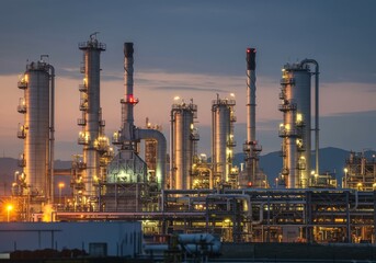 Obraz premium Refinery Complex Aglow Under Twilight Sky