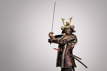 3D illustration of a Samurai wearing traditional armor and holding a sword