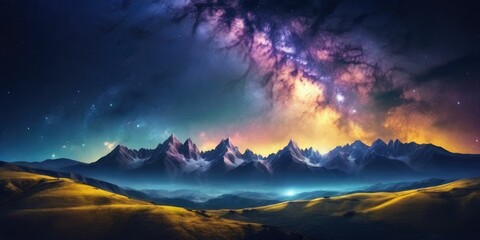 Night landscape with colorful Milky Way and yellow light at mountains. Starry sky with hills at summer. Beautiful Universe.