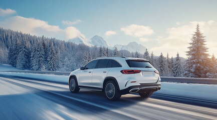 Captivating winter drive: White SUV gliding on a snowy highway landscape