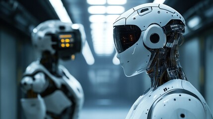 Futuristic Robots in a Technological Corridor