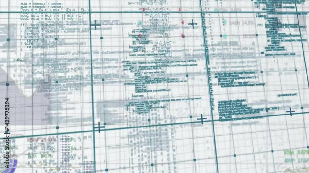 Poster teal grid overlay animating over code snippets, tracing red and blue line graphs in flat design