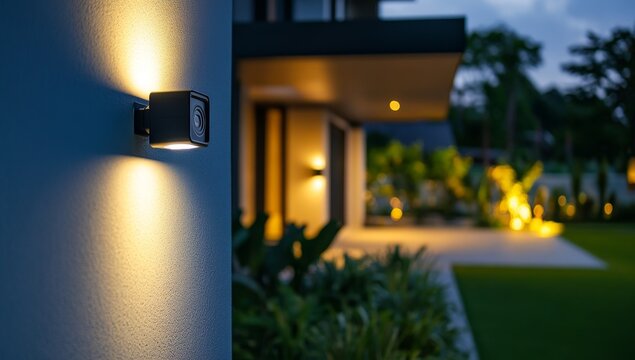 Modern outdoor wall light illuminating a home's exterior at dusk