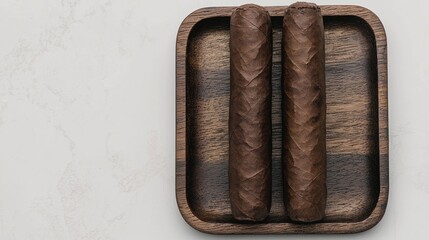 Two neatly arranged cigars on a wooden tray, showcasing their textured, dark wrappers against a light marble background.