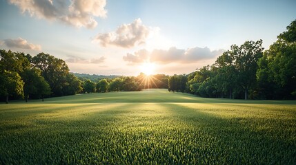 Obraz premium Serene Sunset Meadow Landscape. Lush green meadow stretching towards a vibrant sunset over a line of trees. Soft sunlight filters through clouds, casting gentle shadows across the grassy expanse