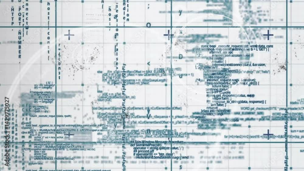 Poster abstract digital interface displaying blue grid overlaying blurred code blocks and circular overlay